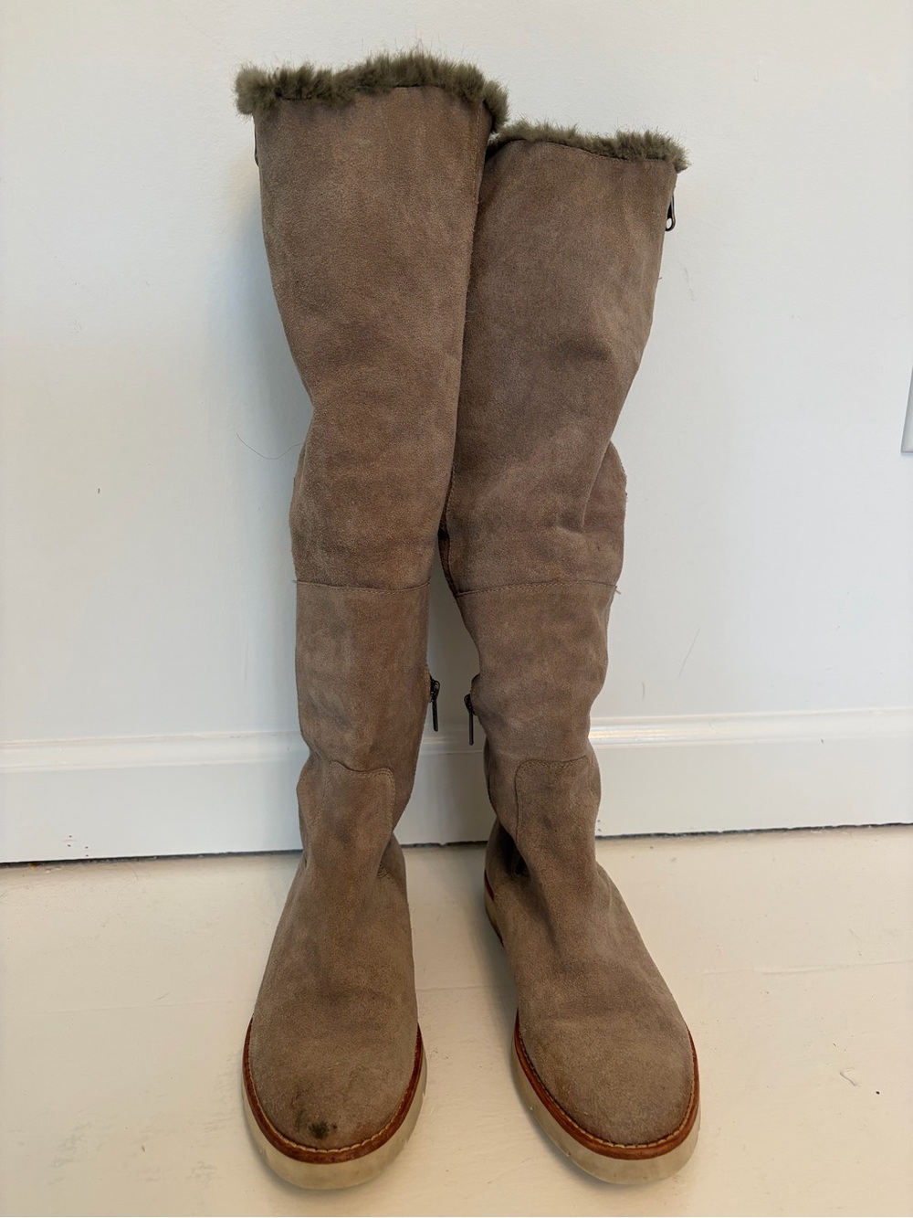 Johnston & Murphy Taupe Suede Knee-High Fur-Trim Boots